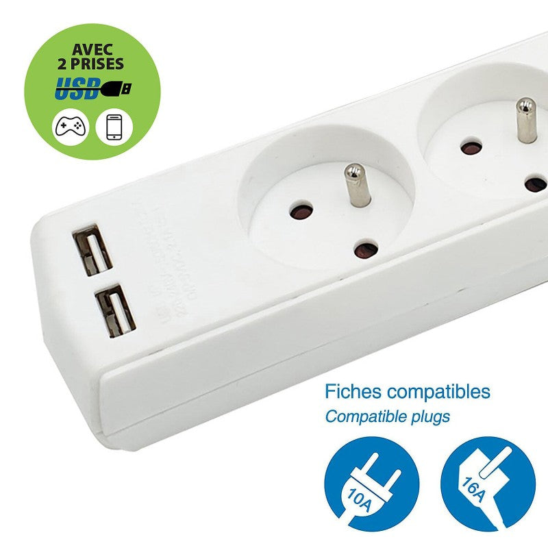 RALLONGE FAMATEL 3 MODULE AVEC 2USB + CABLE AVEC PRISE
