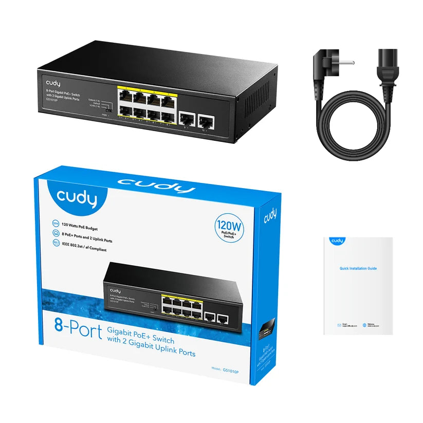 8-Port Gigabit PoE+ Switch with 2 Gigabit Uplink Ports
