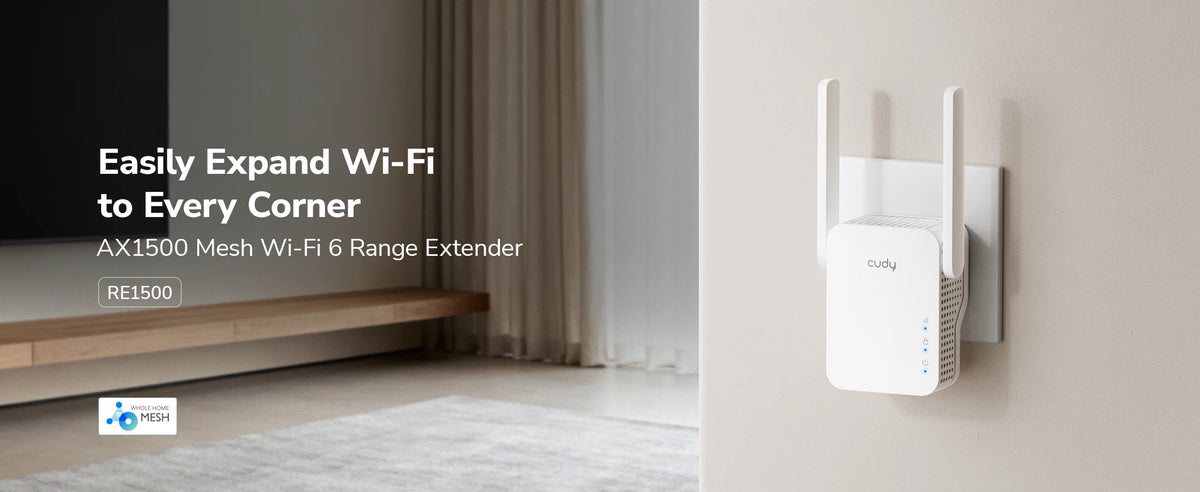 AX1500 Wi-Fi 6 dual-band mesh range extender designed to eliminate wireless dead zones
