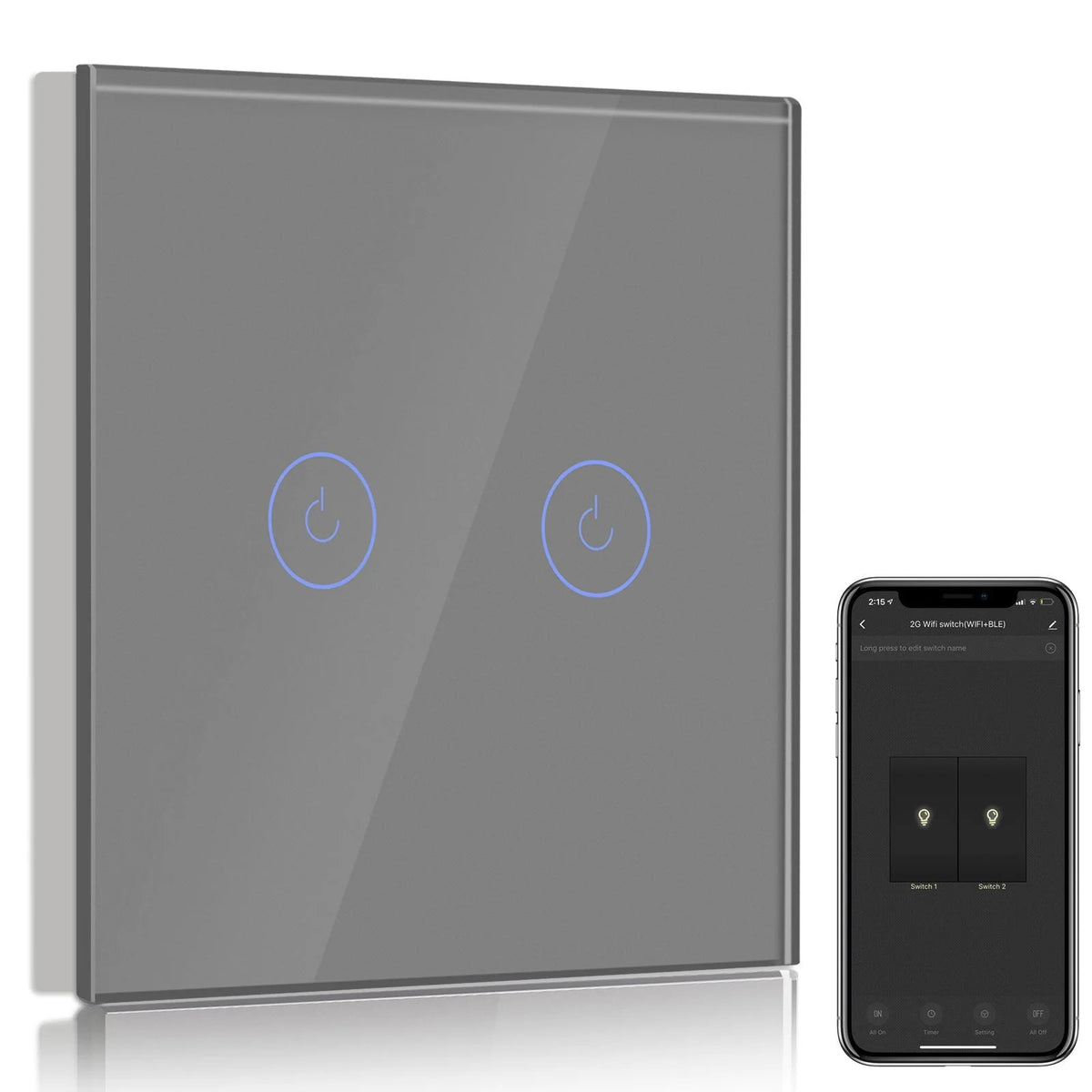 LI-RA201-GREY  WIFI LIGHT SWITCH GREY 2GANG 86X86